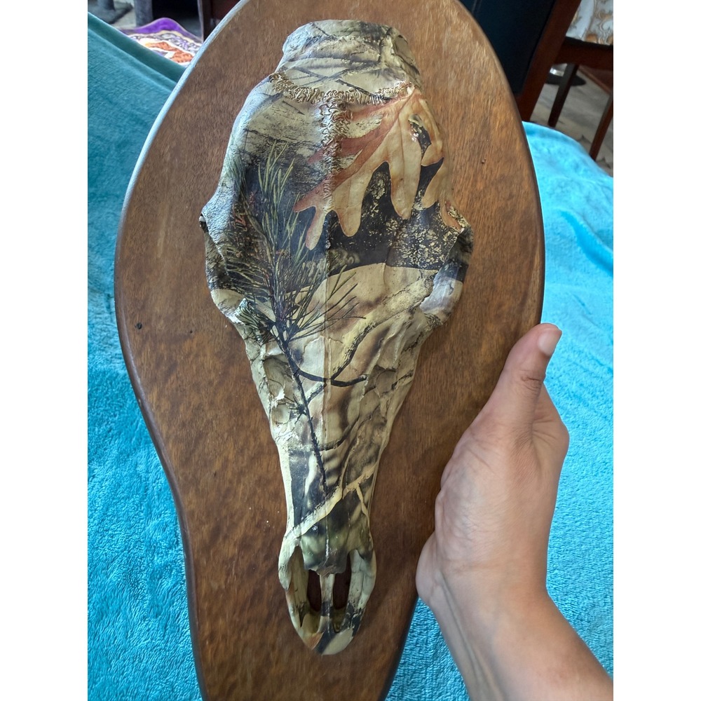 Camo Hydro Dipped Deer Skull Mounted on Wood Plaque Hunting Cabin Decor 15.5in